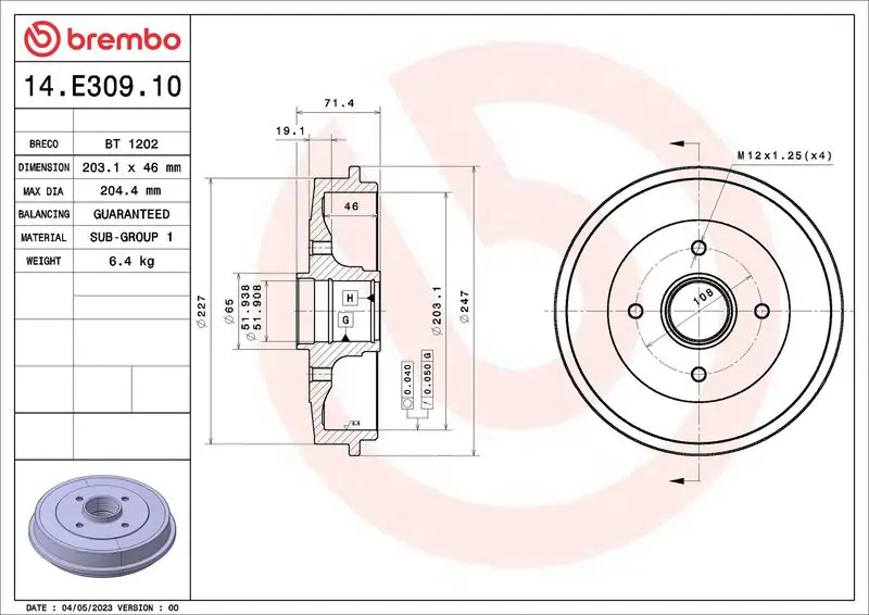 BREMBO 14E30910 Тормозной барабан