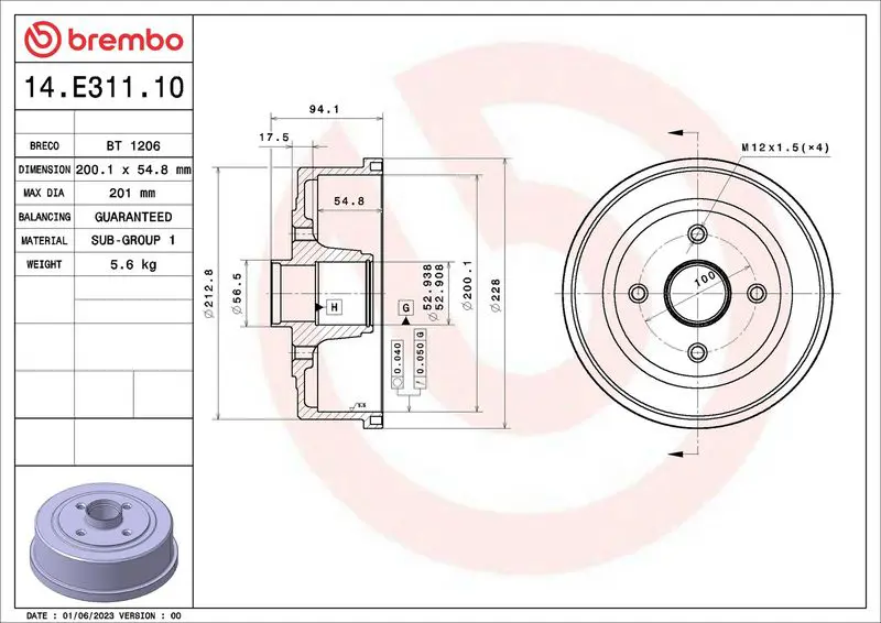 BREMBO 14E31110 Тормозной барабан