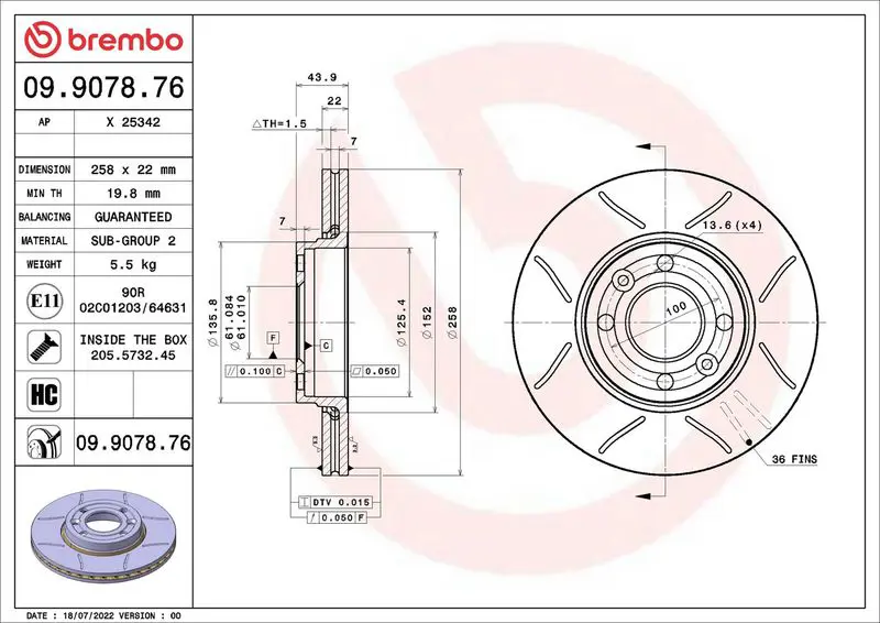 BREMBO 09907876 Тормозной диск