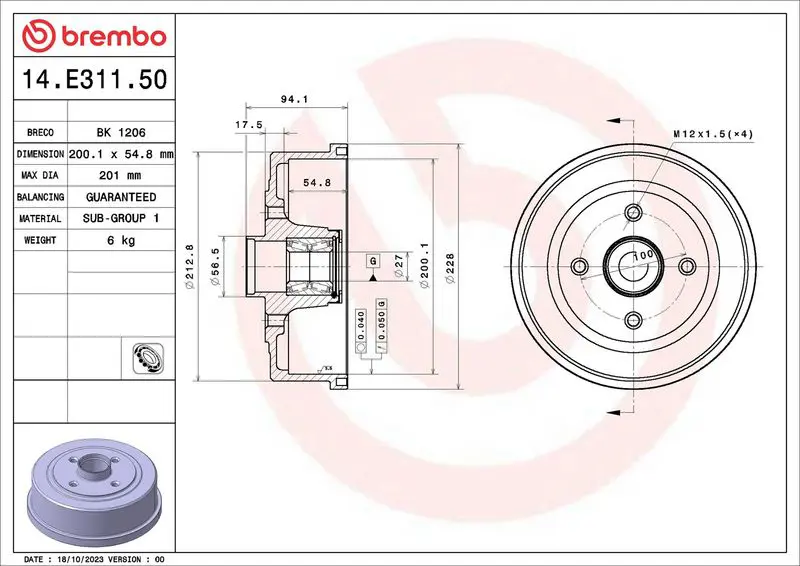 BREMBO 14E31150 Тормозной барабан