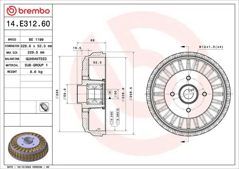 BREMBO 14E31260 Тормозной барабан