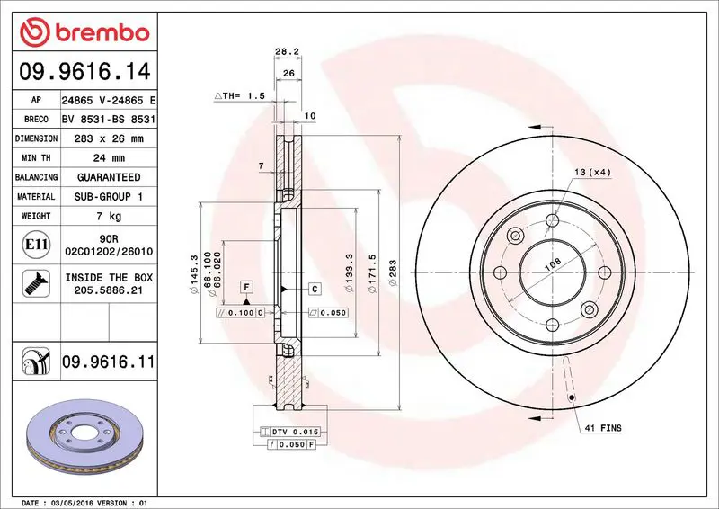 Brembo 09961611 Диск тормозной передн,