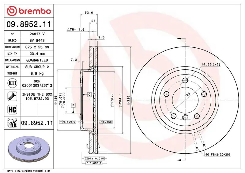 Brembo 09895211 Диск тормозной передн BMW: 3