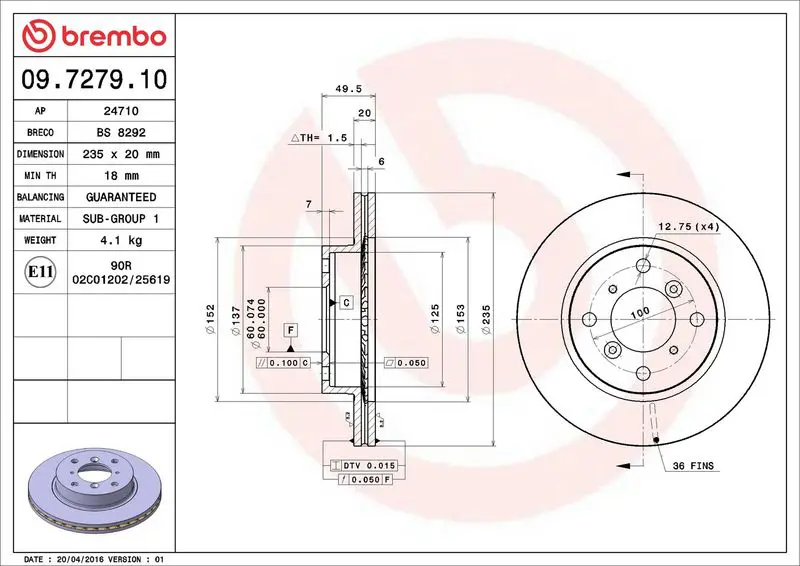 Brembo 09727910 ДИСК ТОРМОЗНОЙ SUZUKI BALENO