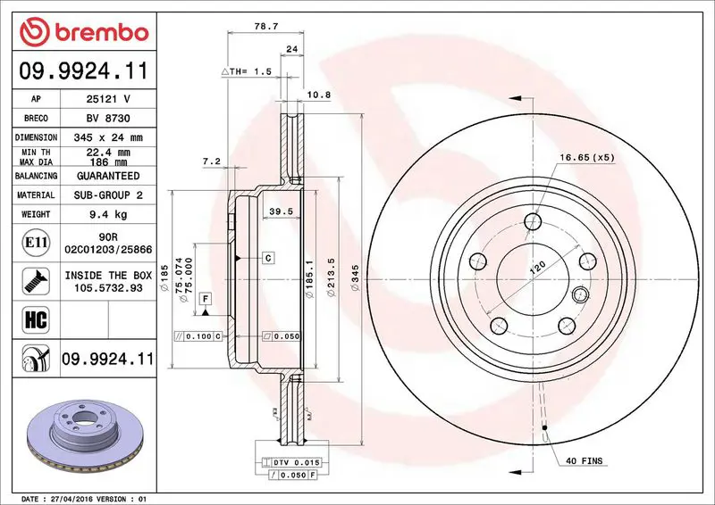Brembo 09992411 Диск тормозной 09.9924.11