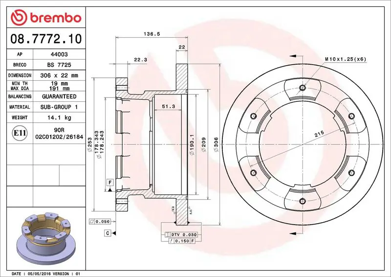 BREMBO 08777210 Диск тормозной задн IVECO: