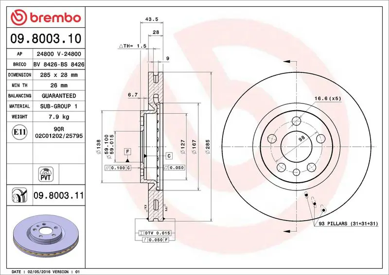 BREMBO 09800311 Тормозной диск
