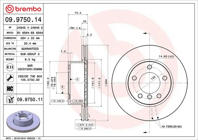Brembo 09975011 Диск тормозной передний 284mm
