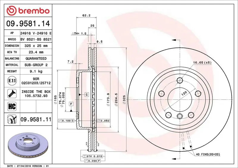 Brembo 09958111 Диск тормозной 09.9581.11