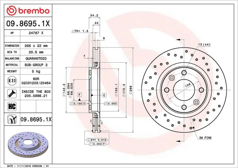 Brembo 0986951X ДИСК ТОРМОЗНОЙ CITROEN C3 III