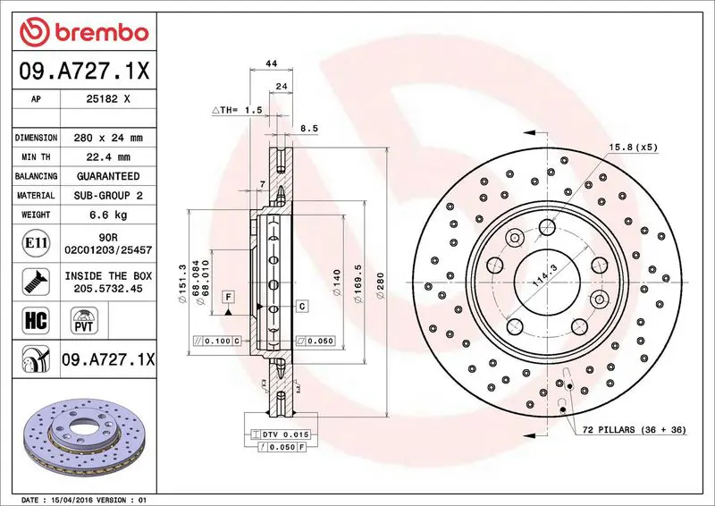 Brembo 09A7271X Диск тормозной DACIA: DUSTER