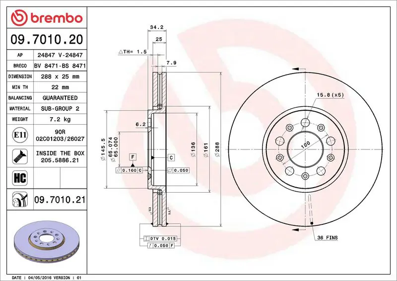 Brembo 09701021 Диск тормозной Brembo Painted