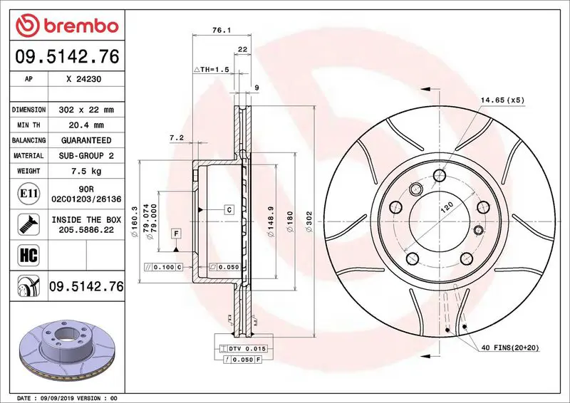 Brembo 09514276 Диск тормозной передн BMW: 5