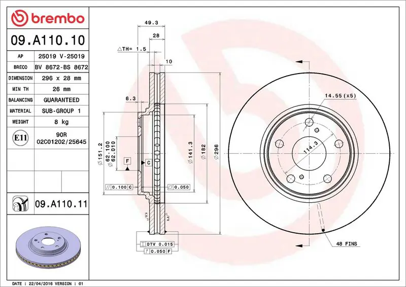 Brembo 09A11011 Диск тормозной передний