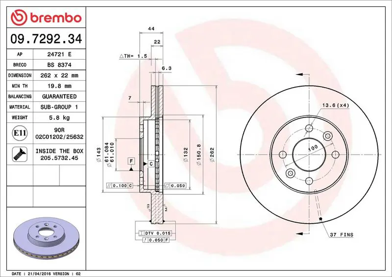 BREMBO 09729234 Тормозной диск