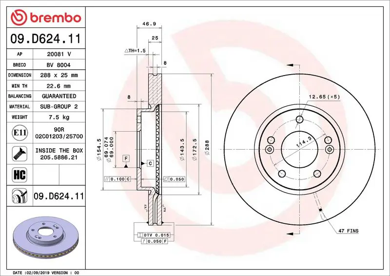 BREMBO 09D62411 Диск тормозной передн. с УФ