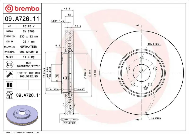 Brembo 09A72611 Диск тормозной CHRYSLER: