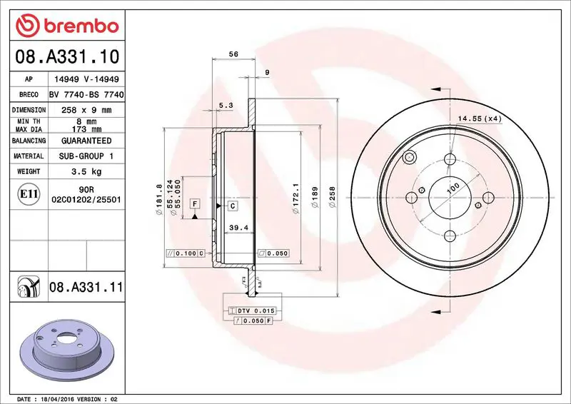 Brembo 08A33111 ДИСК ТОРМОЗНОЙ, TOYOTA COROLLA