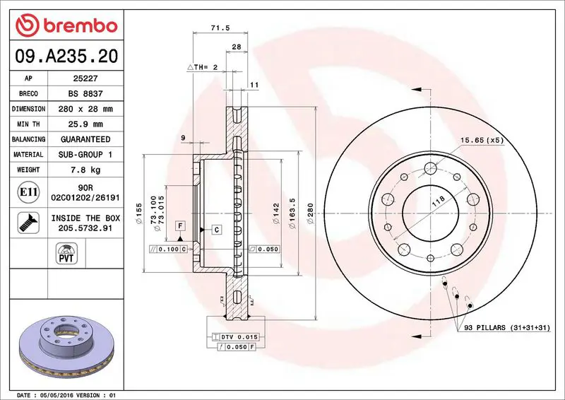 Brembo 09A23520 ( 09.A235.20 ) Тормозной диск