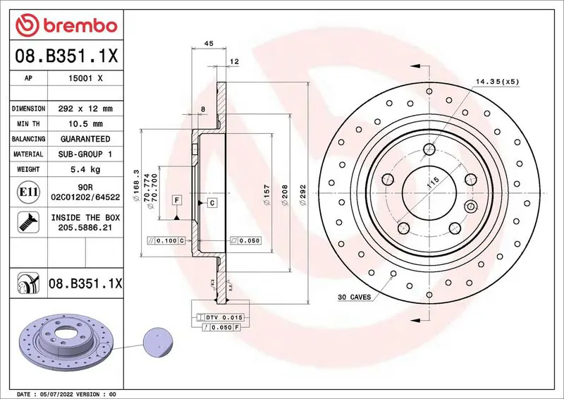 BREMBO 08B3511X Тормозной диск