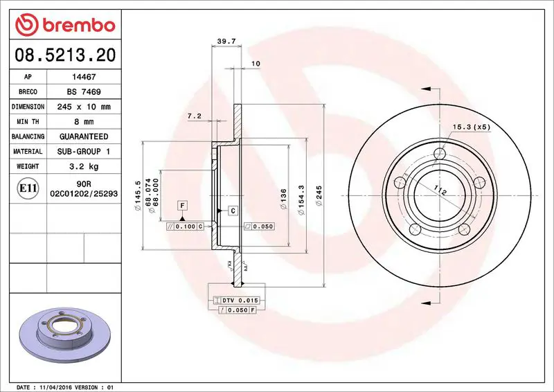 Brembo 08521320 Диск тормозной задний