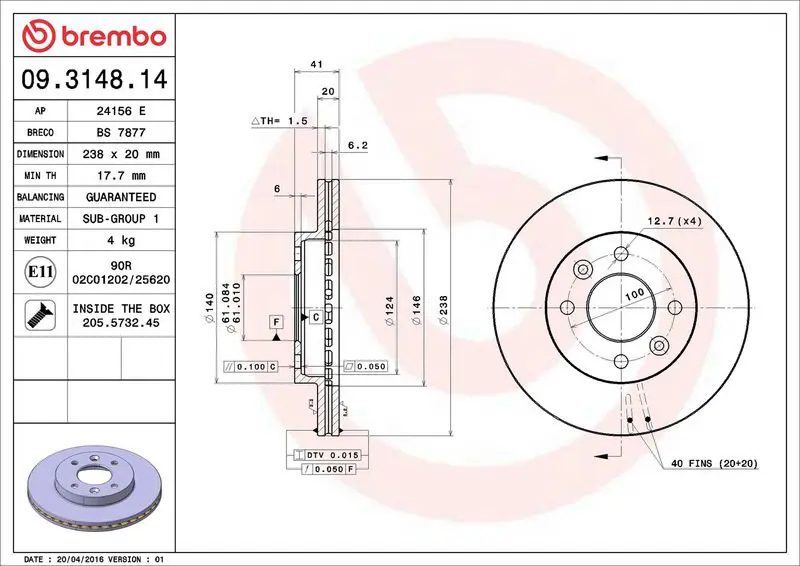 Brembo 09314814 Диск тормозной передний