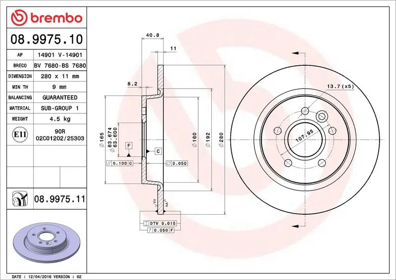 Brembo 08997511 Диск тормозной 08.9975.11