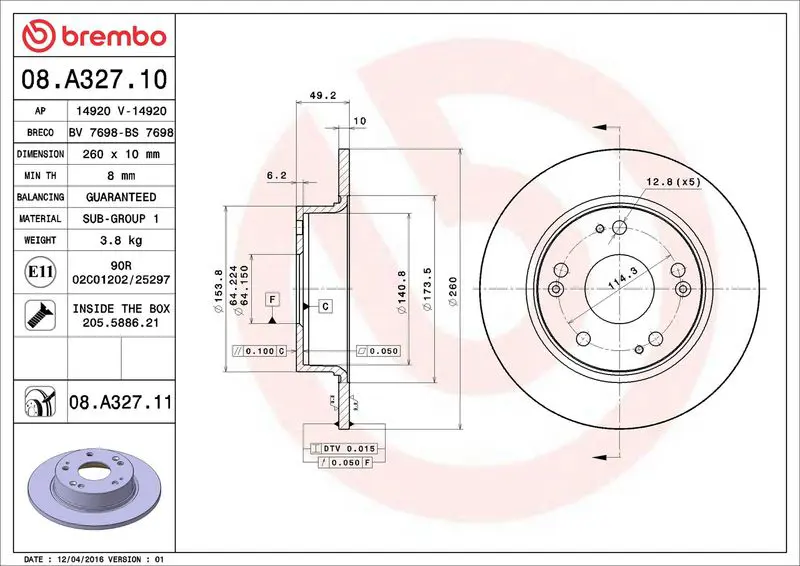 Brembo 08A32711 Диск тормозной задн, HONDA: