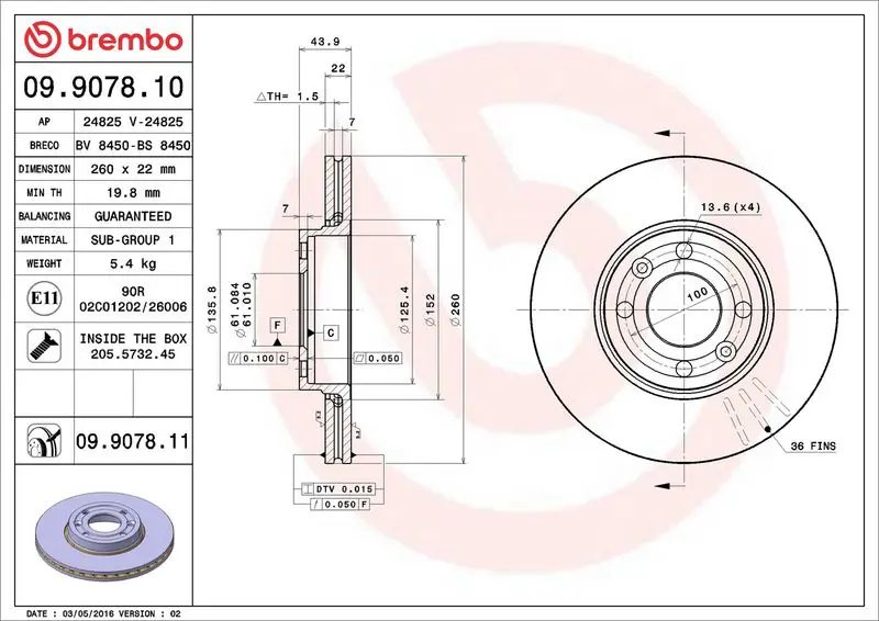 Brembo 09907811 Диск тормозной Brembo Painted