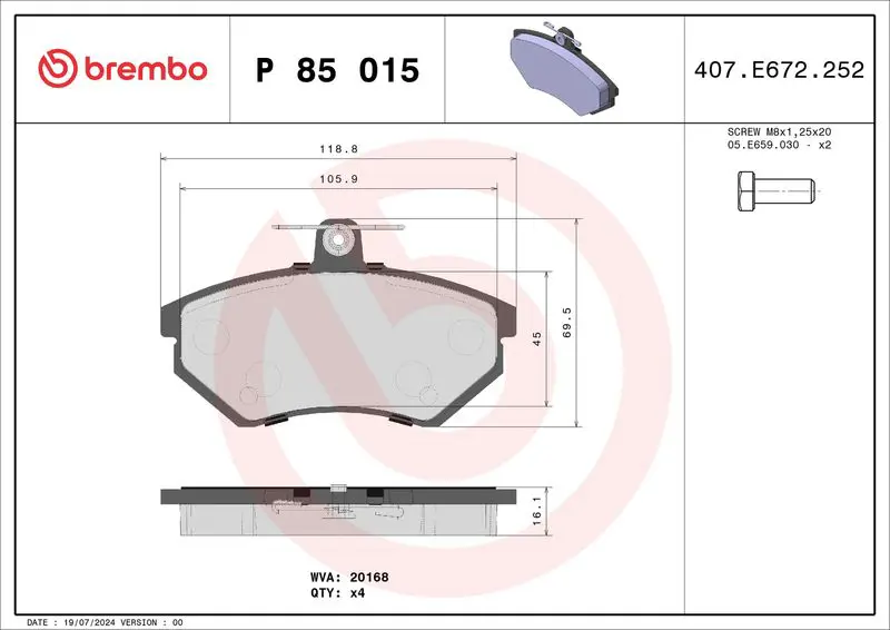 Brembo P85015 Комплект тормозных колодок