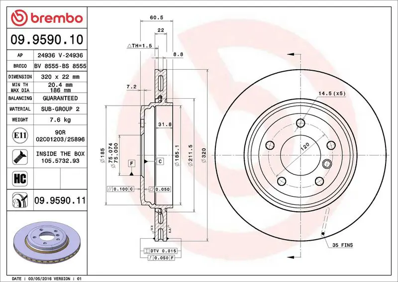 Brembo 09959011 Диск тормозной задн BMW 3