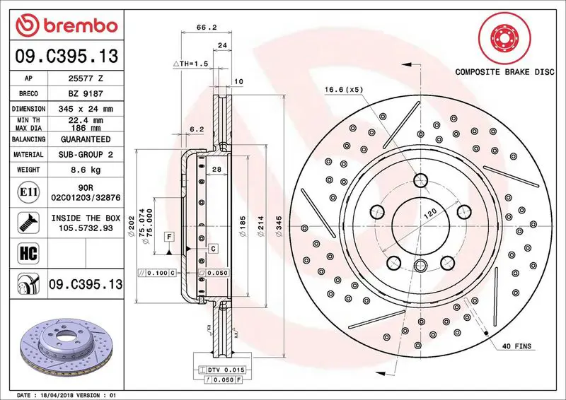 Brembo 09C39513 Диск тормозной задний BMW 3