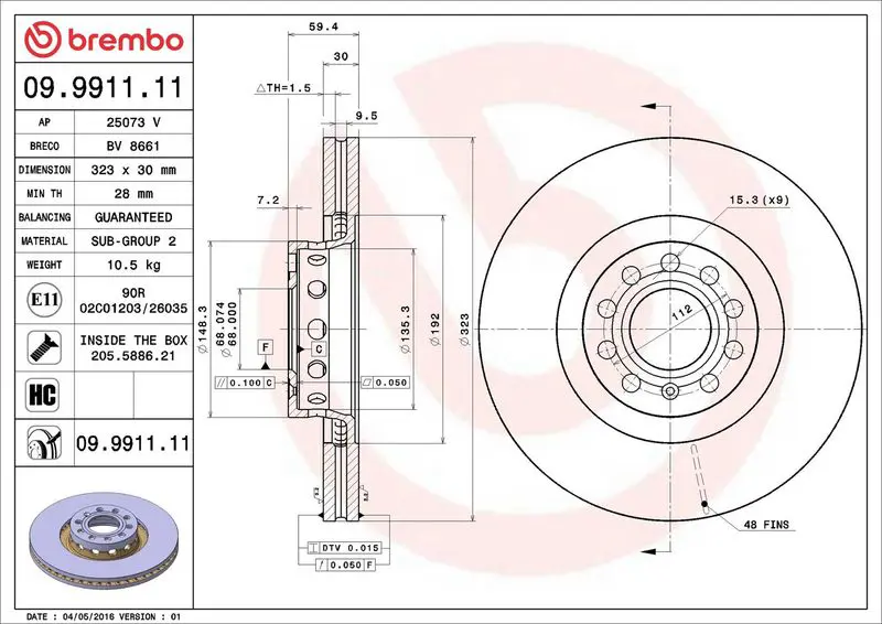 Brembo 09991111 Диск тормозной передн AUDI: A8
