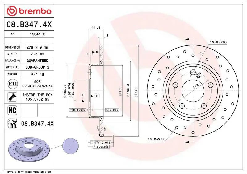 BREMBO 08B3474X Диск тормозной