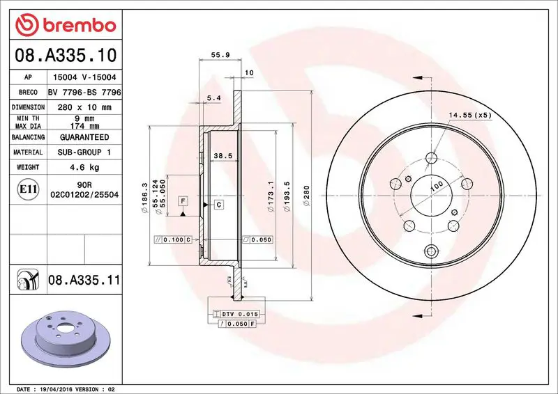 Brembo 08A33511 ДИСК ТОРМОЗНОЙ, TOYOTA AVENSIS