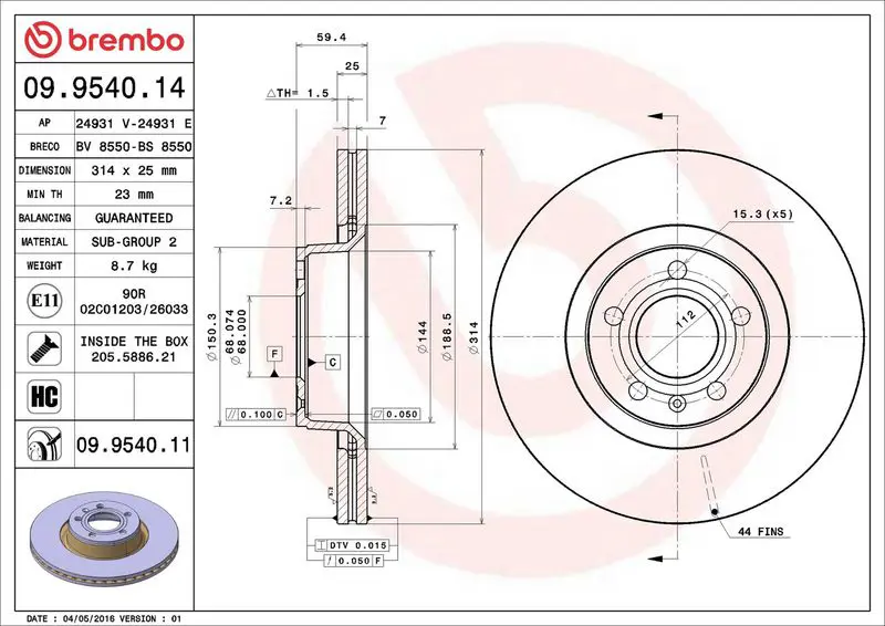 Brembo 09954011 ( 09.9540.11 ) Тормозной диск