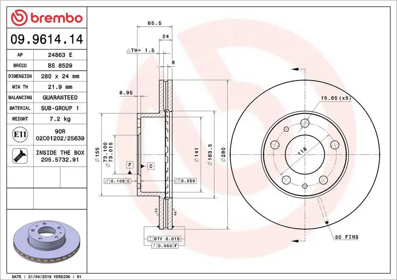 Brembo 09961414 Тормозной диск