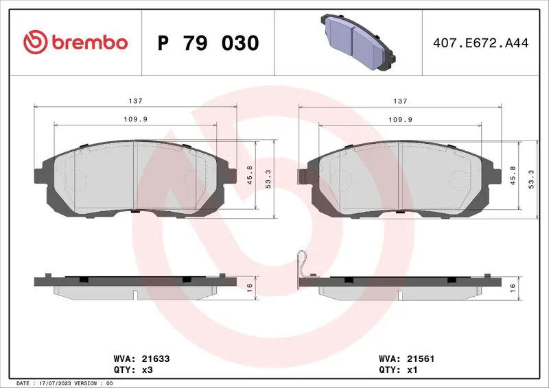 Brembo P79030 КОЛОДКИ ТОРМОЗНЫЕ ДИСКОВЫЕ