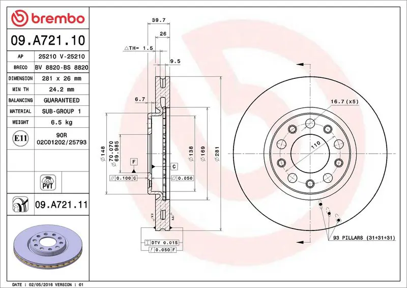 Brembo 09A72111 ДИСК ТОРМОЗНОЙ FIAT 500X