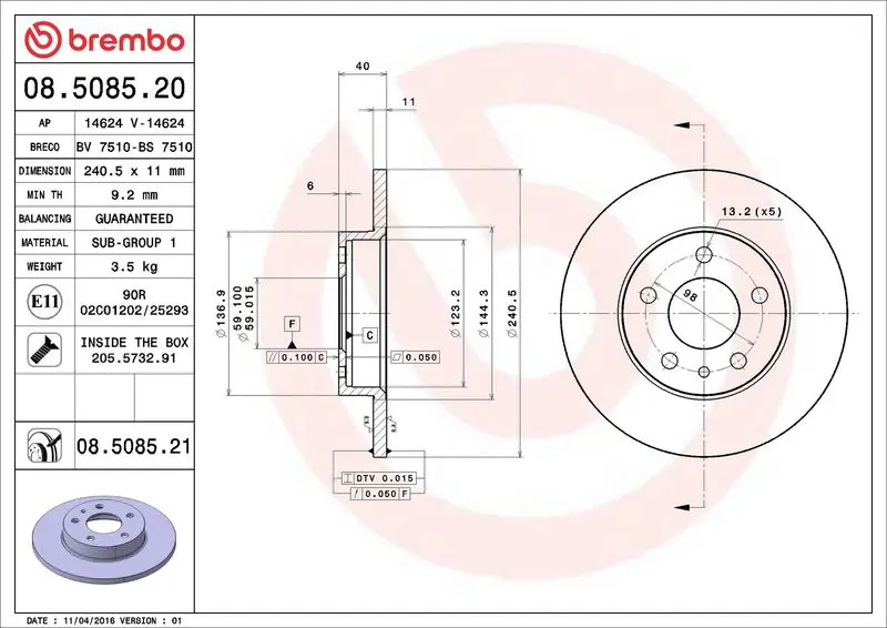 BREMBO 08508521 тормозной диск