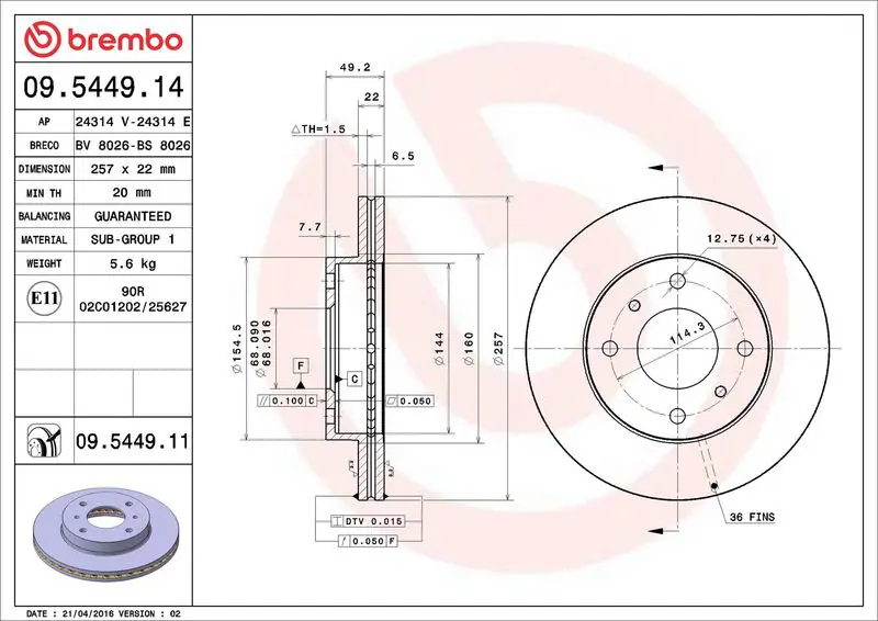 BREMBO 09544911 ДИСК ТОРМОЗНОЙ, INFINITI G20