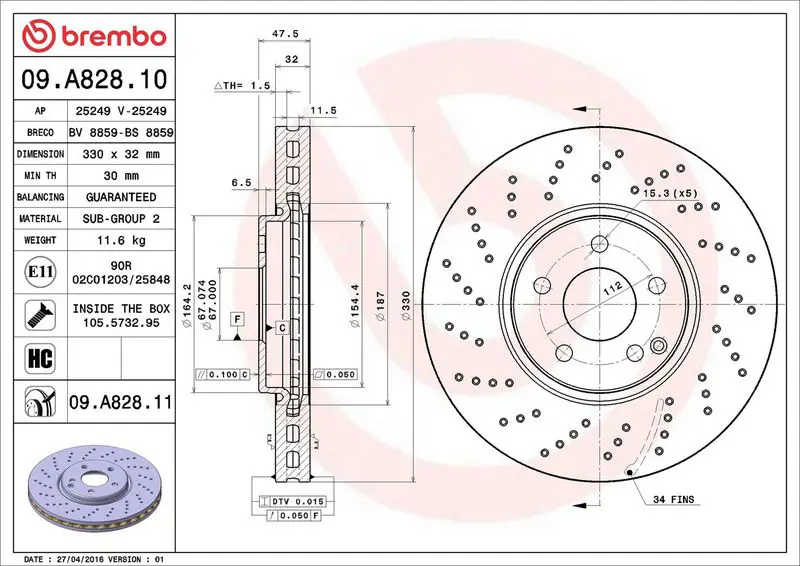 Brembo 09A82811 Диск тормозной передн,