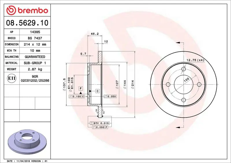 BREMBO 08562910 Тормозной диск