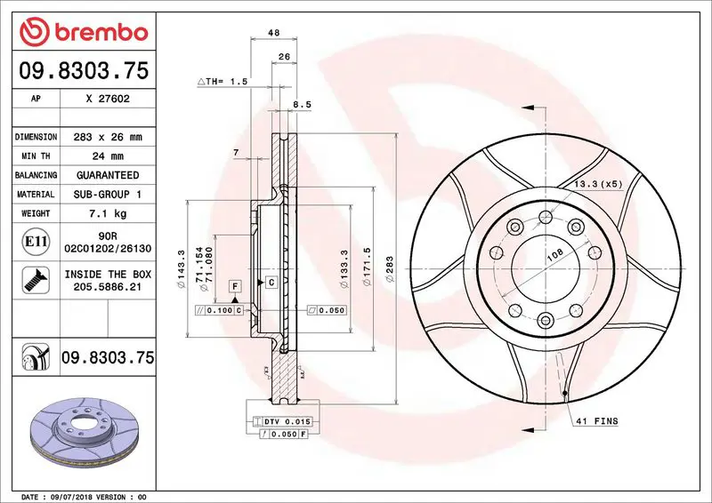 BREMBO 09830375 ДИСК ТОРМОЗНОЙ PEUGEOT 508 I