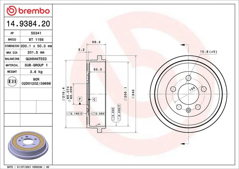 Brembo 14938420 БАРАБАН ТОРМОЗНОЙ, AUDI A2