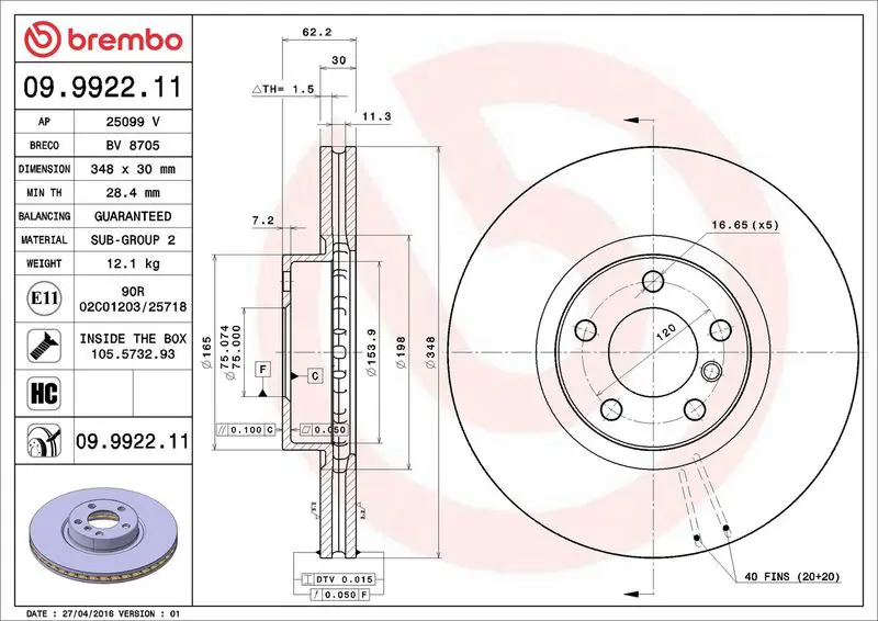 Brembo 09992211 Диск тормозной 09.9922.11