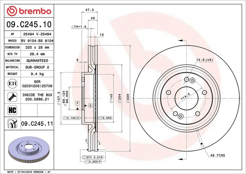 Brembo 09C24511 Диск тормозной 09.C245.11