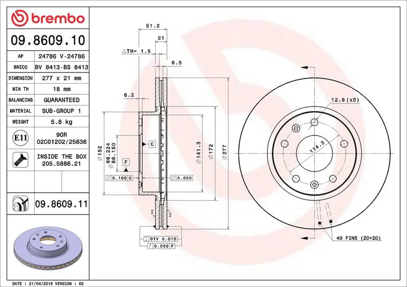 Brembo 09860911 Диск тормозной передний 277mm
