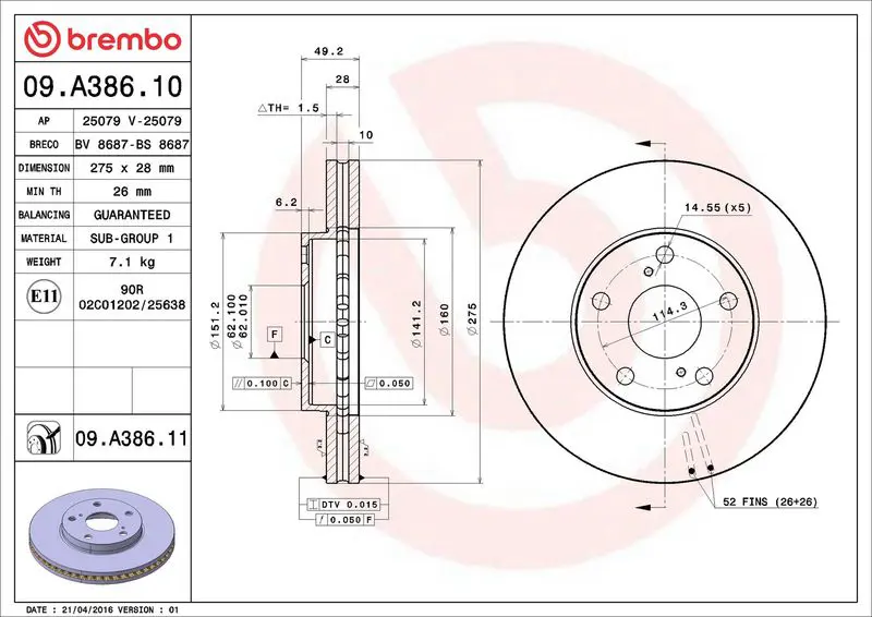 Brembo 09A38611 09.A386.11 диск тормозной