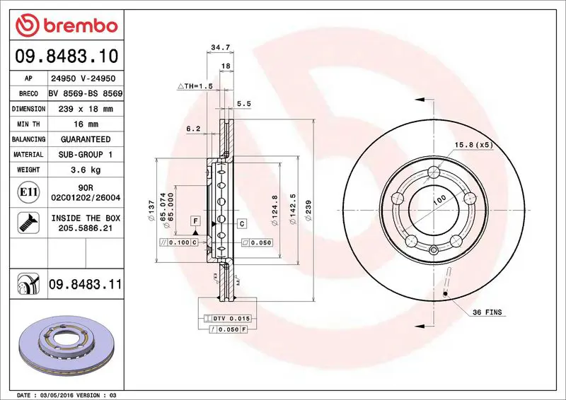 Brembo 09848311 Диск тормозной передн, SKODA: